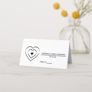 Tarjeta De Asiento Número de mesa de boda blanco negro corazón triple