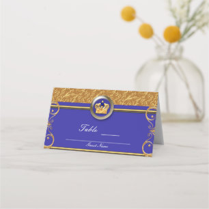 Tarjeta De Asiento Número de mesa de fiesta de corona azul real y dor