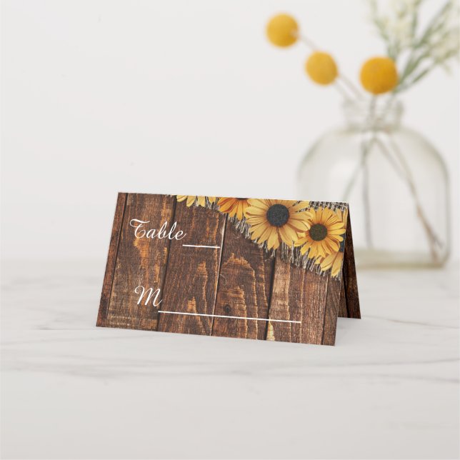 Tarjeta De Asiento Número de mesa del Boda de girasol de leña rústica (Anverso)