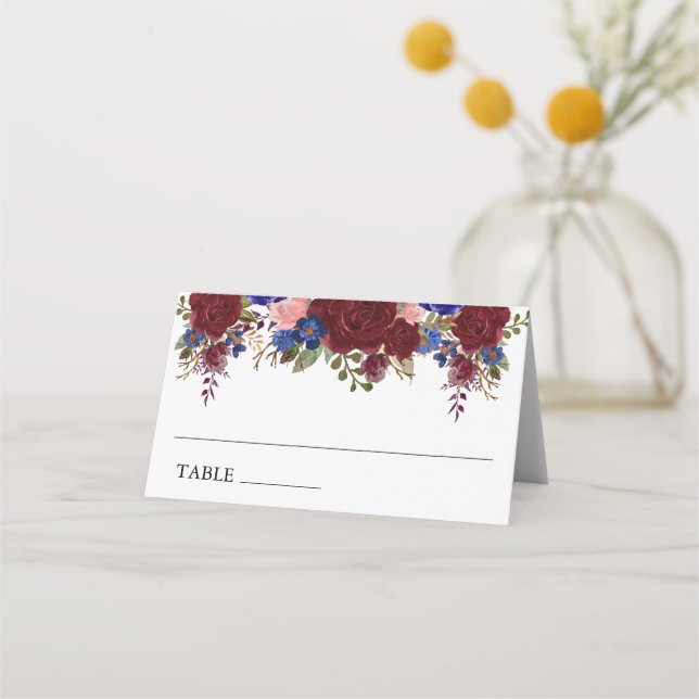 Tarjeta De Asiento Número de mesa floral de boda Navy Burgundy (Anverso)
