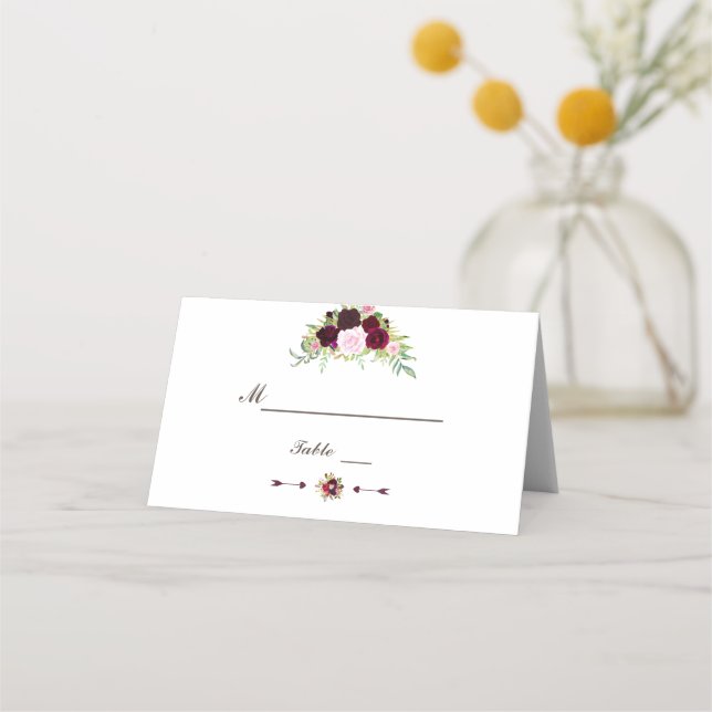 Tarjeta De Asiento Número de mesa floral Royal Burgundy Marsala (Anverso)