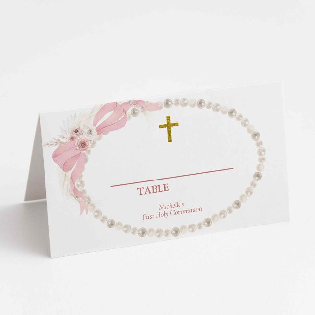 Tarjeta De Asiento Número de mesa Pearl Pink Boho Primera Comunión (Subido por el creador)