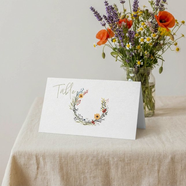 Tarjeta De Asiento Número de tabla de flores silvestres (Wildflower wreath table number place card.)