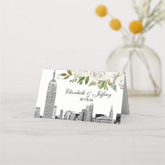 Tarjeta De Asiento NYC Skyline ESB Boda de acuarela floral blanca