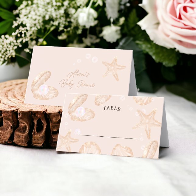 Tarjeta De Asiento Océano suave, pequeña mesa de ducha de perlas (Cute ocean little pearl baby shower table place card)