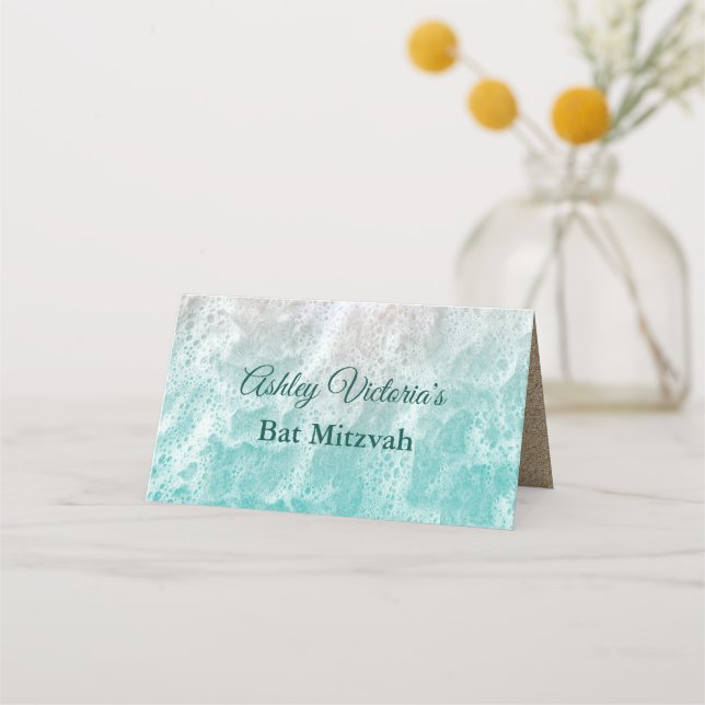 Tarjeta De Asiento Olas de Playa Turquesa Bat Mitzvah Doble (Reverso)