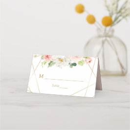 Tarjeta De Asiento Oro geométrico y boda floral de rubor