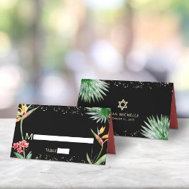 Tarjeta De Asiento Oro Negro Murciélago Mitzvah Tropical Floral Acuar