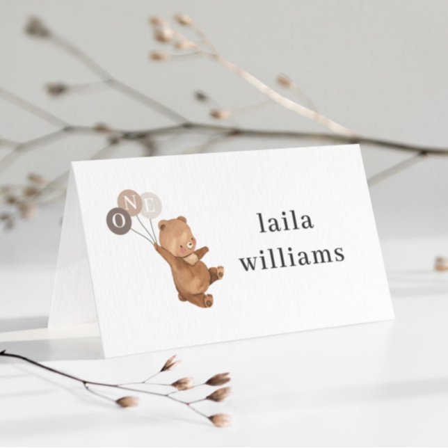 Tarjeta De Asiento Oso 3 Globos Marrones - Primer Cumpleaños (Bear 3 Brown Balloons - 1st Birthday Place Card)