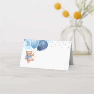 Tarjeta De Asiento Oso de peluche globos azules plateados ducha de be