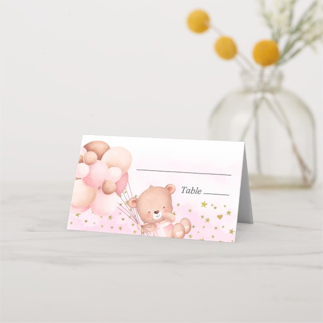 Tarjeta De Asiento Oso de peluche rosa y nubes para niña (Anverso)