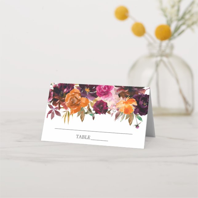 Tarjeta De Asiento Otoño Borgoña y Naranja Floral Bridal Shower (Anverso)