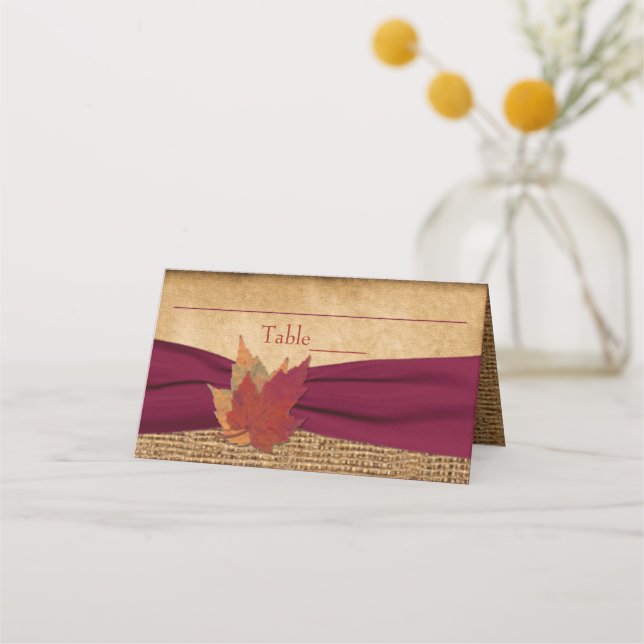 Tarjeta De Asiento Otoño deja Burlap de FAUX, cinta borgoñona (Anverso)