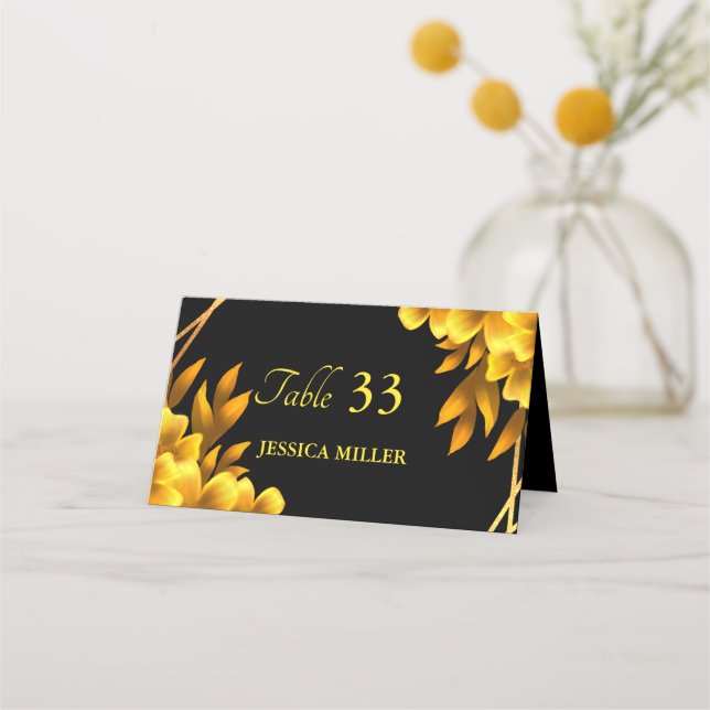 Tarjeta De Asiento Otoño romance faux gold & blackfloral geométrico (Anverso)