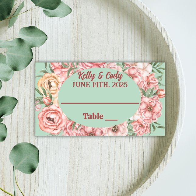 Tarjeta De Asiento Oval rosado y pekinés de flores en Boda verde clar (Subido por el creador)