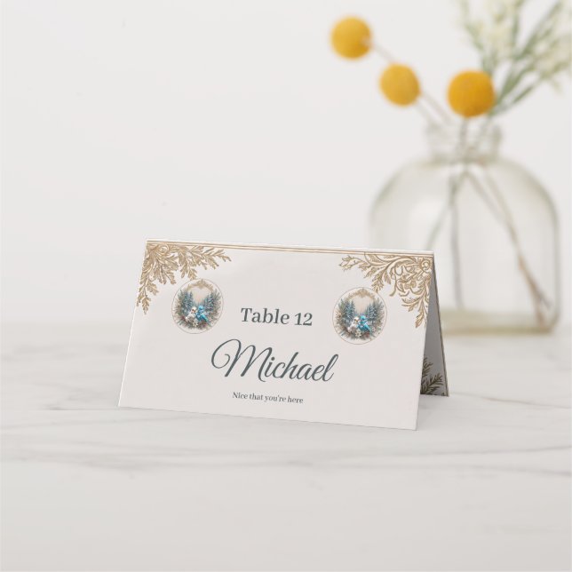 Tarjeta De Asiento Paisaje invernal con una linda pareja de bodas de  (Anverso)