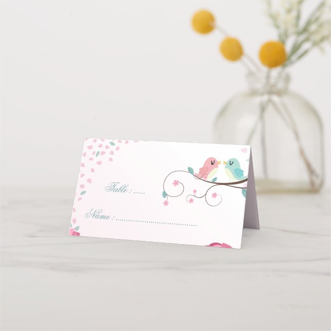 Tarjeta De Asiento Pájaro de amor rosa y azul romántico botánico (Anverso)