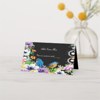 Tarjeta De Asiento Pájaros Azules Coloridos Y Mesa Floral Botánica