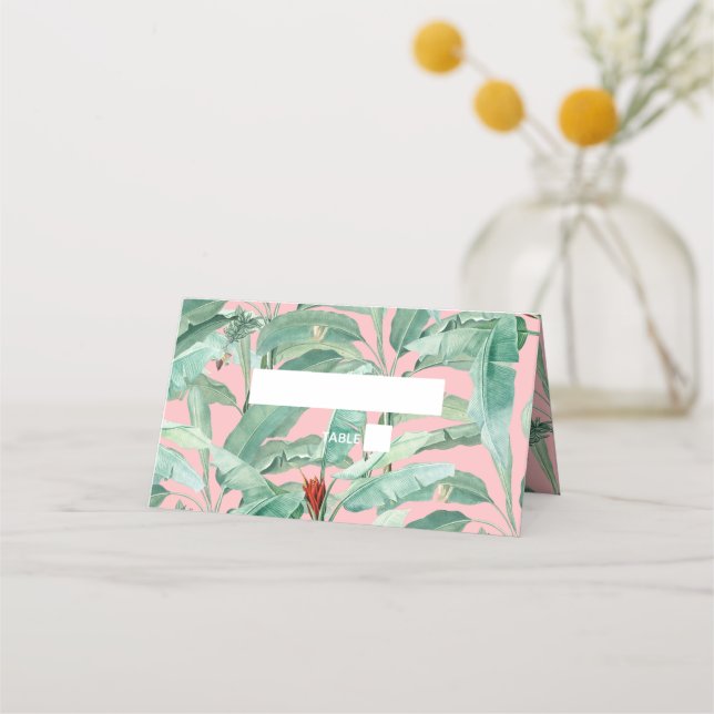 Tarjeta De Asiento Palm de plátano tropical rosa deja Boda (Anverso)