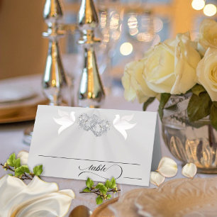 Tarjeta De Asiento Palomas & Corazones - Perla Blanca/Plata