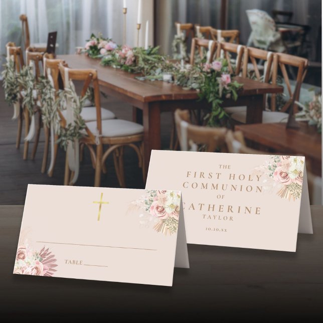 Tarjeta De Asiento Pampas Grass Floral First Holy Communia (Pampas Grass Floral First Holy Communion Place Card)