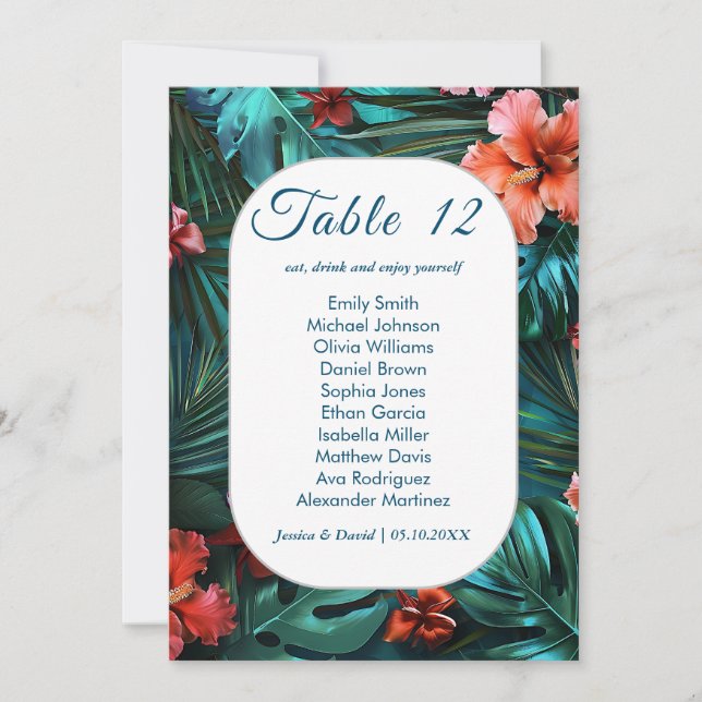 Tarjeta de asiento para Bodas tropicales Hibiscus  (Anverso)