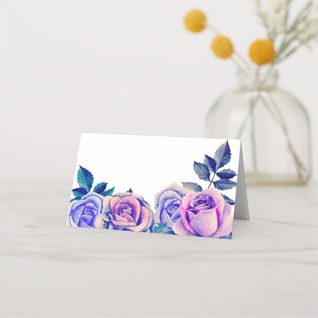 Tarjeta de asiento para rosas morados. Boda azul f (Anverso)