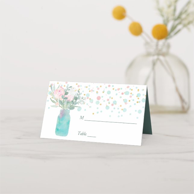 Tarjeta De Asiento Pastel Confetti Mason Jar Boda (Anverso)
