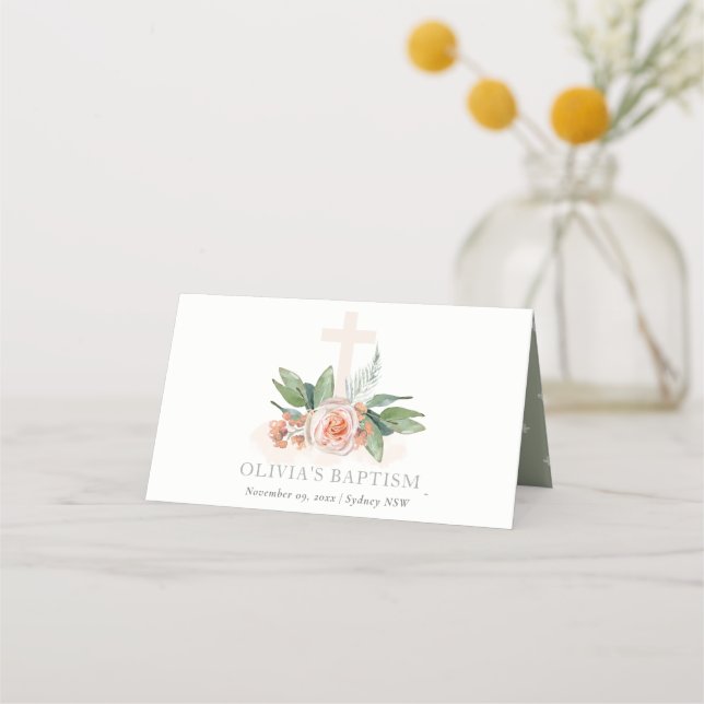 Tarjeta De Asiento Pastel Soft Peach Rosa Floral Cross Bunch Baptism (Anverso)