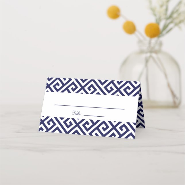 Tarjeta De Asiento Patrón de llave griega diagonal azul marino y blan (Anverso)