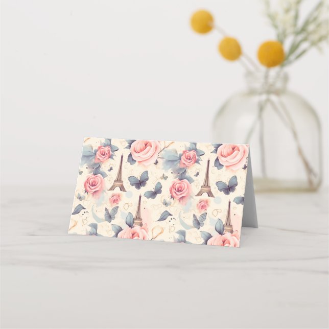 Tarjeta De Asiento Patrón de mariposa y Rosa de la Torre Eiffel (Anverso)