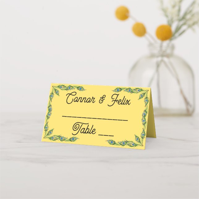 Tarjeta De Asiento Peacock Feathers Boda Amarillo (Anverso)