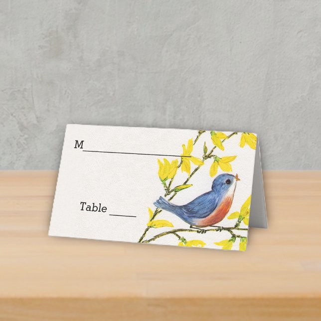 Tarjeta De Asiento Pequeño pájaro rojo azul en las flores amarillas (Little red blue bird singing on branch yellow flowers on white table place card.)