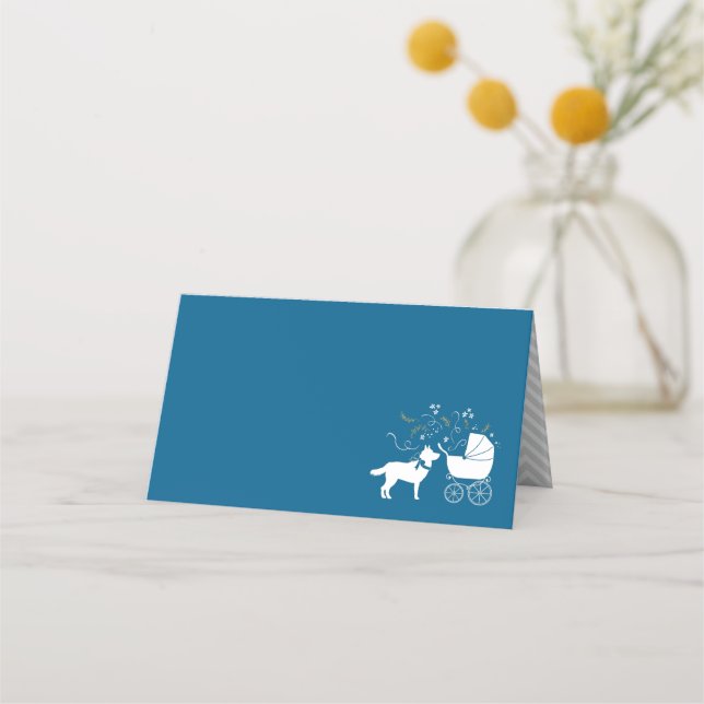 Tarjeta De Asiento Perro Husky Siberiano Baby Shower Puppy Blue Boy (Anverso)