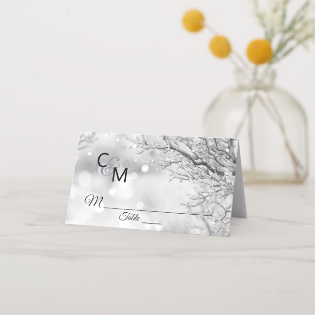 Tarjeta De Asiento Personalizado elegante Monograma Boda de nieve en  (Anverso)