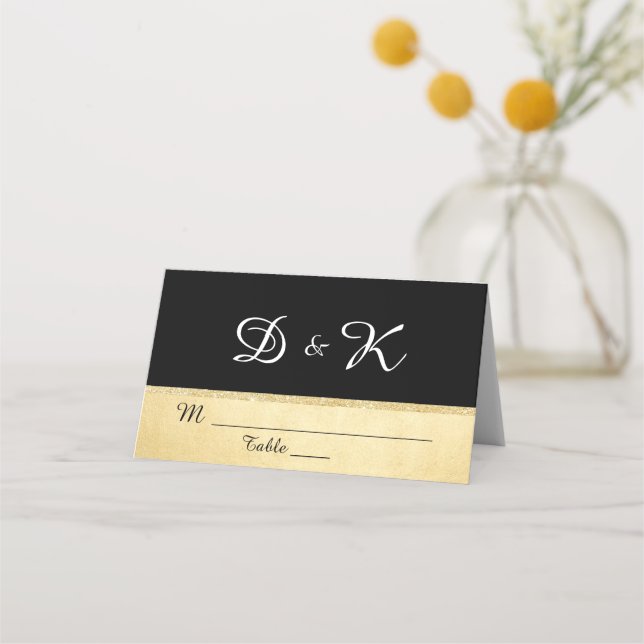 Tarjeta De Asiento Personalizado elegante Monograma Boda de oro negro (Anverso)