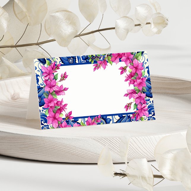Tarjeta De Asiento Pink Bougainvillea Blue Tile (Pink Bougainvillea Blue Tile Place Card)