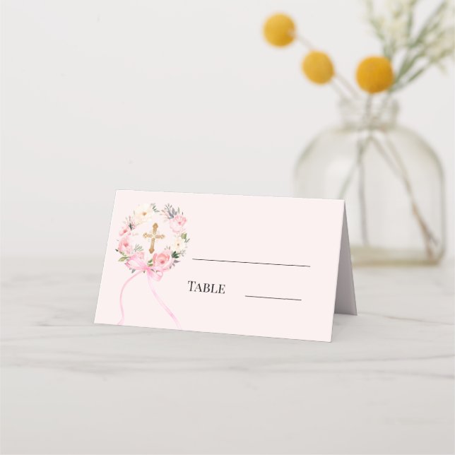 Tarjeta De Asiento Pink floral wreath gold cross bow ribbon (Anverso)