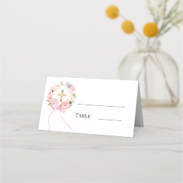 Tarjeta De Asiento Pink floral wreath gold cross bow ribbon