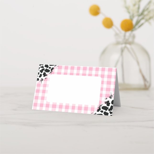 Tarjeta De Asiento Pink Gingham Cow Print Place Cards (Anverso)
