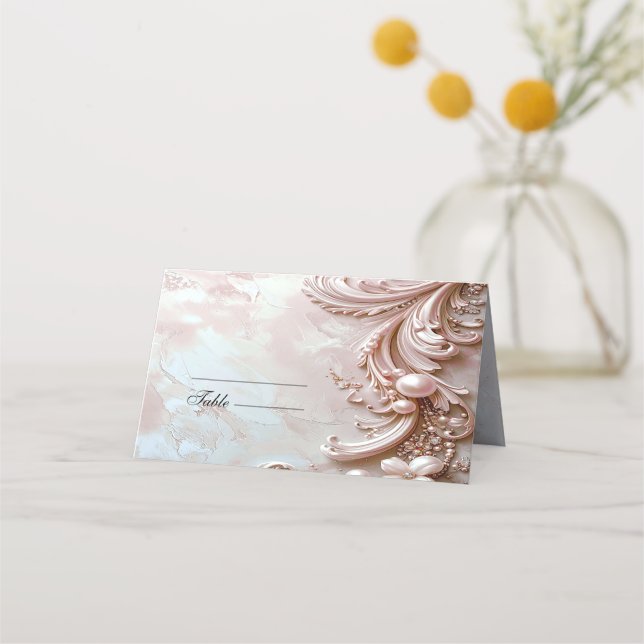Tarjeta De Asiento Pink Ornate Pearl and Floral Place Card (Anverso)