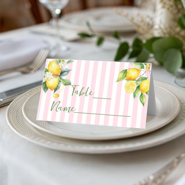Tarjeta De Asiento Pink Stripe Citrus Lemon Ciao Bambina Place Card (Pink Citrus lemon Baby Shower decor table place card)