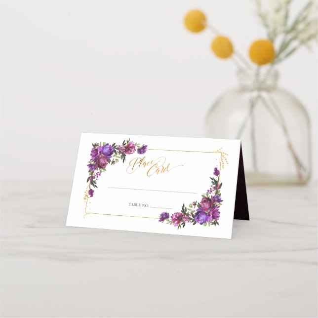 Tarjeta De Asiento Pla Boda Floral Morado Hot Pink Gold (Anverso)