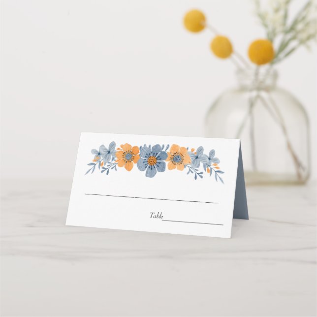 Tarjeta De Asiento Placecards Bodas de flores azules y Naranjas (Anverso)