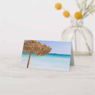 Tarjeta De Asiento Playa Tropical Escénica con Sombrilla de Paja