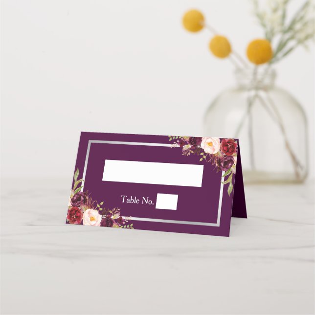 Tarjeta De Asiento Pluma Morado Floral Plata Gris Frame Boda (Anverso)