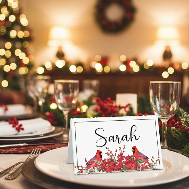 Tarjeta De Asiento Poinsettia y holly con Navidades Cardinals (Subido por el creador)