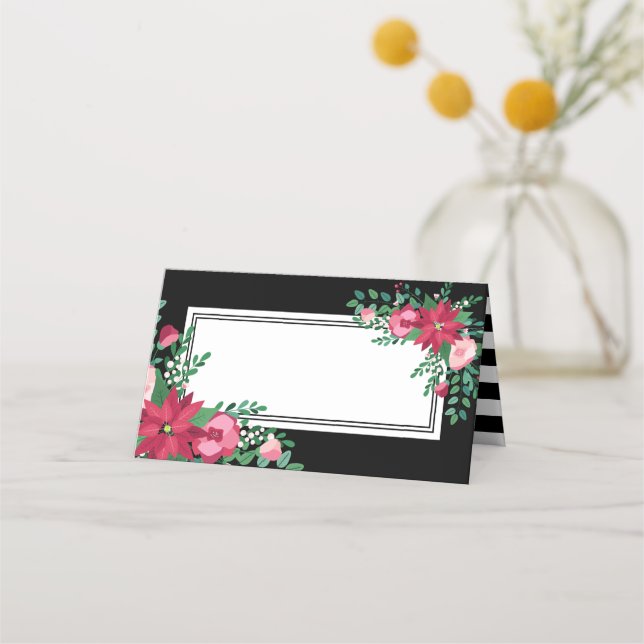 Tarjeta De Asiento Poinsettia y Mistletoe | Boda de invierno | Nombre (Anverso)