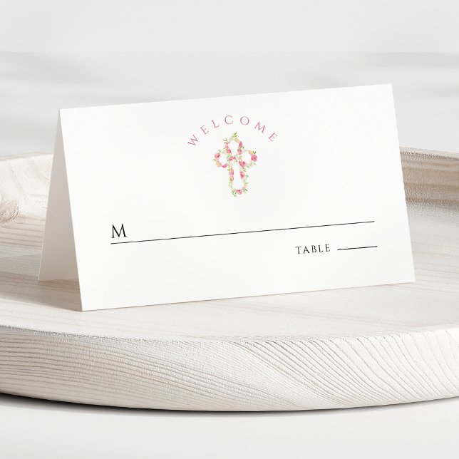 Tarjeta De Asiento Primera comunicación de la Cruz Floral Rosa (Front - Pink Floral Cross First Communion Place Card)