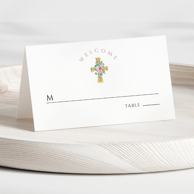 Tarjeta De Asiento Primera comunicación de la Cruz Floral Rosa (Front - Pink Floral Cross First Communion Place Card)